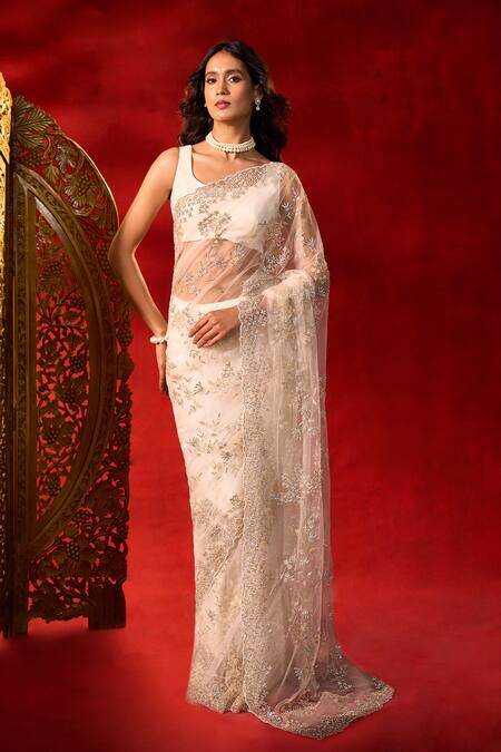 Shop_Azeera_Cream Net Embroidery, Sequins, Hand Work Saree With Unstitched Blouse Piece 