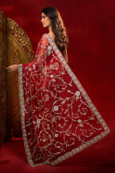 Azeera Floral Hand Work Net Saree With Unstitched Blouse Piece 