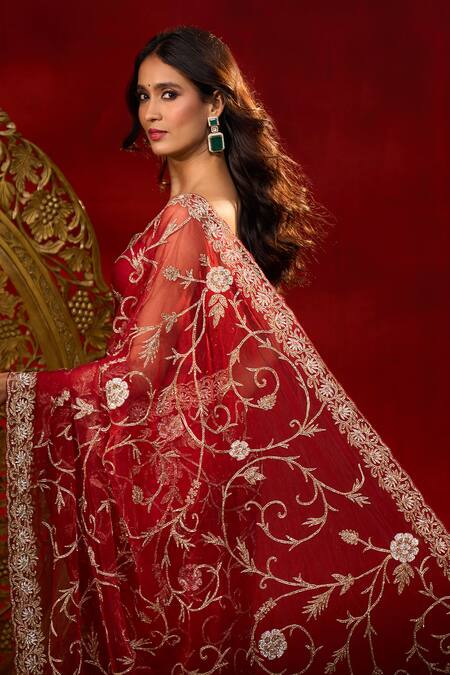 Azeera Maroon Net Embroidery, Floral Hand Work Saree With Unstitched Blouse Piece Online at Aza Fashions Azeera_Maroon Net Embroidery, Floral Hand Work Saree With Unstitched Blouse Piece _Online_at_Aza_Fashions