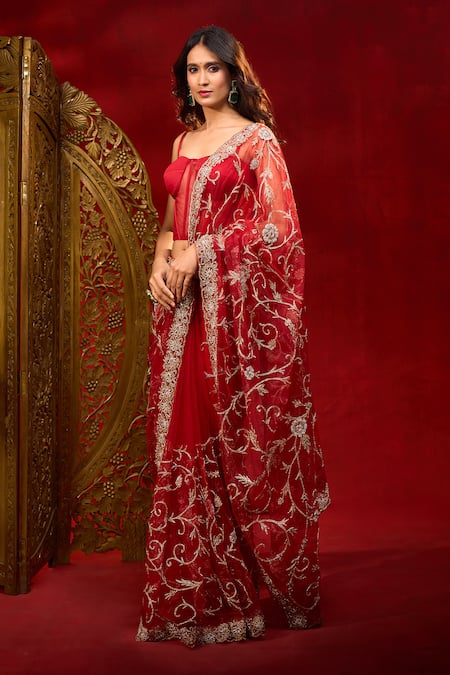 Azeera Floral Hand Work Net Saree With Unstitched Blouse Piece 