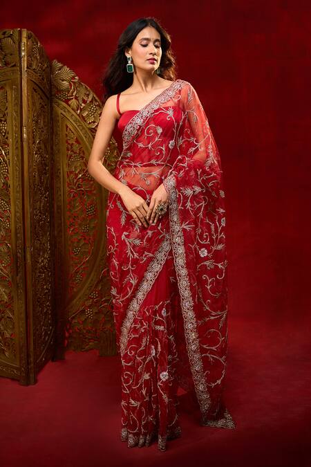 Buy Azeera Maroon Net Embroidery, Floral Hand Work Saree With Unstitched Blouse Piece Online at Aza Fashions Buy_Azeera_Maroon Net Embroidery, Floral Hand Work Saree With Unstitched Blouse Piece _Online_at_Aza_Fashions