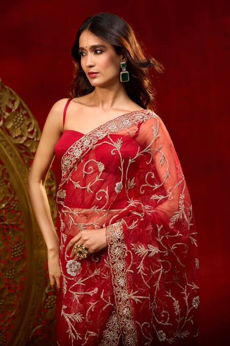 Buy Azeera Maroon Net Embroidery, Floral Hand Work Saree With Unstitched Blouse Piece Buy_Azeera_Maroon Net Embroidery, Floral Hand Work Saree With Unstitched Blouse Piece