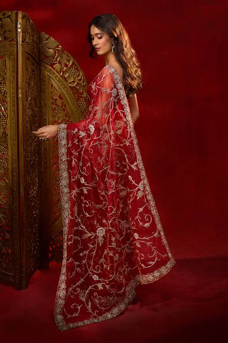 Shop Azeera Maroon Net Embroidery, Floral Hand Work Saree With Unstitched Blouse Piece Shop_Azeera_Maroon Net Embroidery, Floral Hand Work Saree With Unstitched Blouse Piece