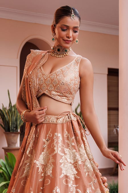 Meenagurnam_Orange Tissue Sequins, Embroidery, Mirrors, Floral Woven Bridal Lehenga Set _Online_at_Aza_Fashions