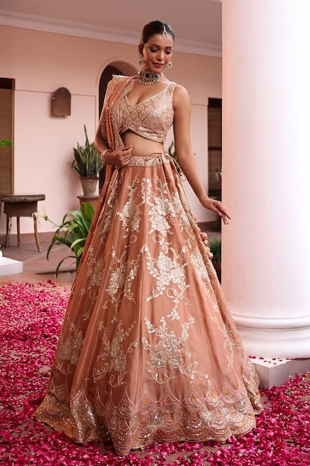 Buy_Meenagurnam_Orange Tissue Sequins, Embroidery, Mirrors, Floral Woven Bridal Lehenga Set _Online_at_Aza_Fashions