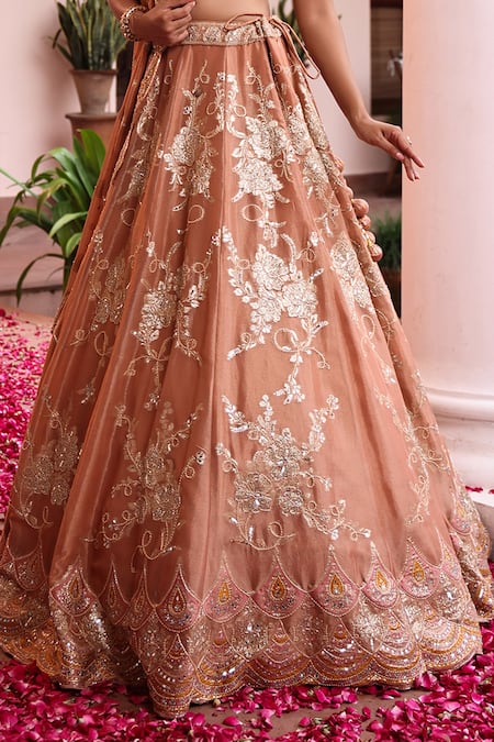 Meenagurnam_Orange Tissue Sequins, Embroidery, Mirrors, Floral Woven Bridal Lehenga Set _at_Aza_Fashions