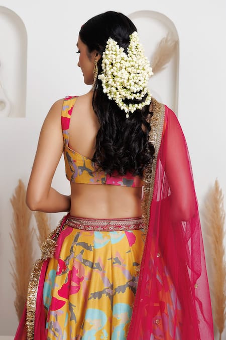 Monika Mathuria Datta_Yellow Chanderi, Net Embroidery, Metallic Thread, Gul Printed Lehenga Blouse Set _Online_at_Aza_Fashions