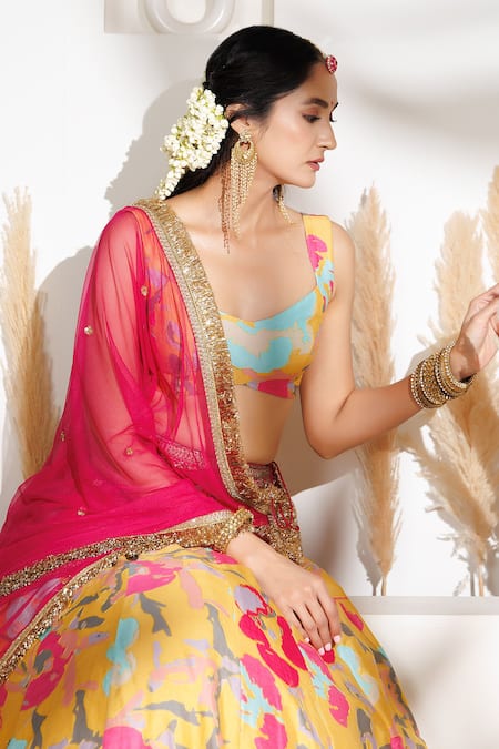 Buy_Monika Mathuria Datta_Yellow Chanderi, Net Embroidery, Metallic Thread, Gul Printed Lehenga Blouse Set _Online_at_Aza_Fashions