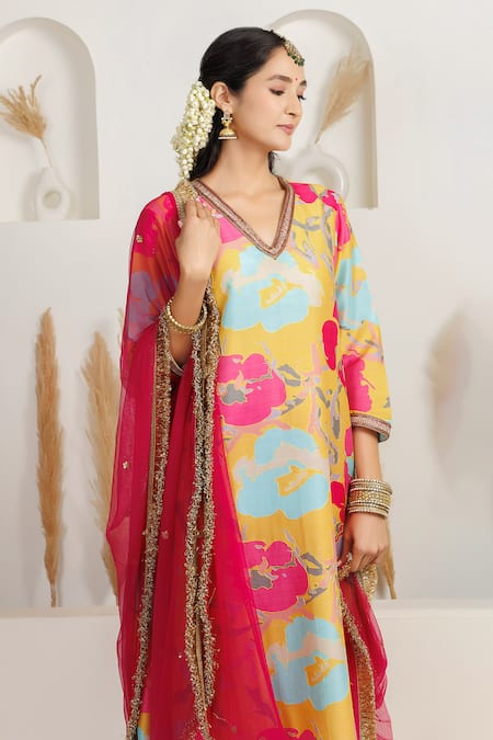 Monika Mathuria Datta_Yellow Chanderi, Lycra Embroidery, Foil Printing, Zari Gul Printed Kurta Set _Online_at_Aza_Fashions