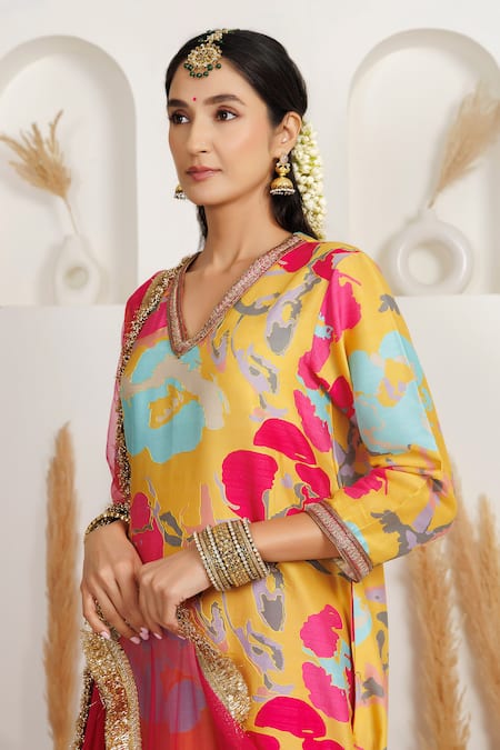 Buy_Monika Mathuria Datta_Yellow Chanderi, Lycra Embroidery, Foil Printing, Zari Gul Printed Kurta Set _Online_at_Aza_Fashions