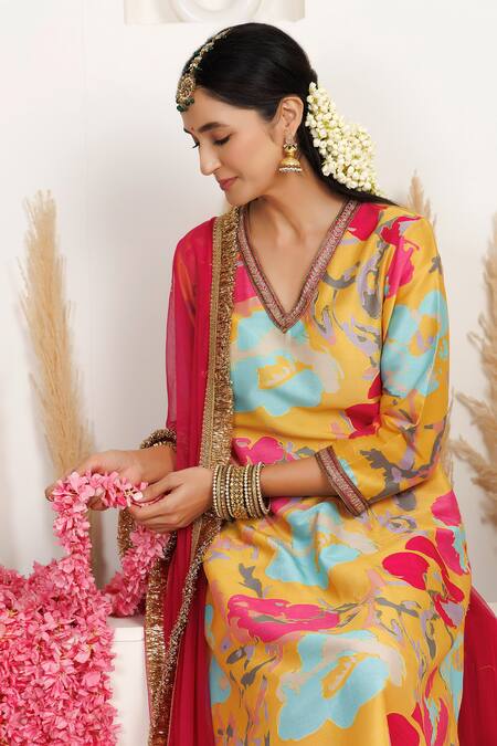 Shop_Monika Mathuria Datta_Yellow Chanderi, Lycra Embroidery, Foil Printing, Zari Gul Printed Kurta Set _Online_at_Aza_Fashions