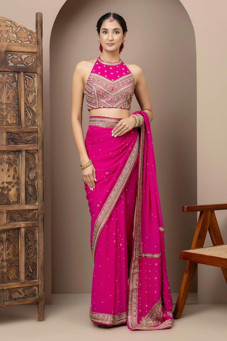 Monika Mathuria Datta_Pink Georgette, Silk, Shantoon Embroidery, Sequins, Zari, Blouse And Saree _Online_at_Aza_Fashions
