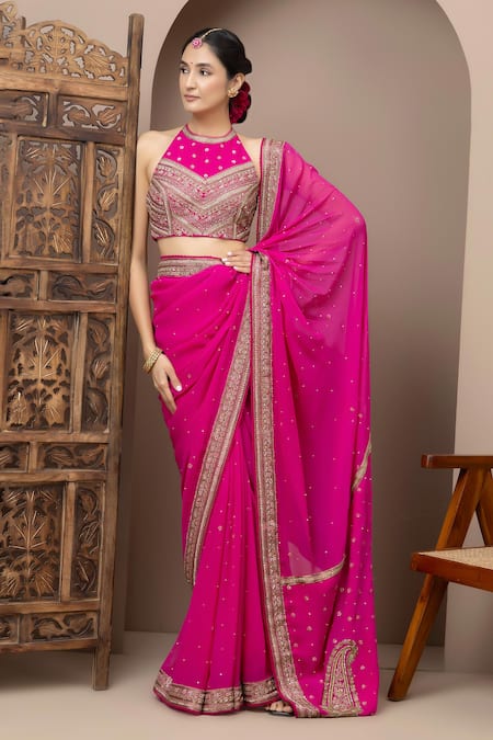 Monika Mathuria Datta Embroidered Halter Blouse & Georgette Saree 
