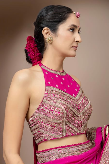 Buy_Monika Mathuria Datta_Pink Georgette, Silk, Shantoon Embroidery, Sequins, Zari, Blouse And Saree _Online_at_Aza_Fashions