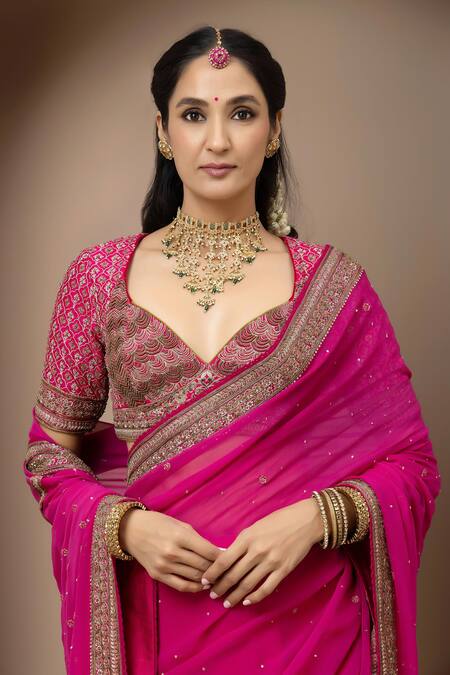 Buy_Monika Mathuria Datta_Pink Silk Embroidery, Metallic Thread Sweetheart Neck Aangi Raw Blouse _Online_at_Aza_Fashions