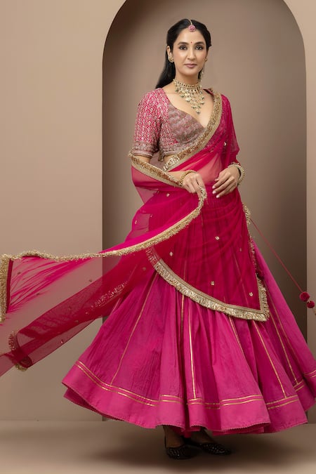 Monika Mathuria Datta_Pink Cotton, Silk Gota Patti, Embroidery, Sequins, Zari, Blouse Lehenga Set _Online_at_Aza_Fashions