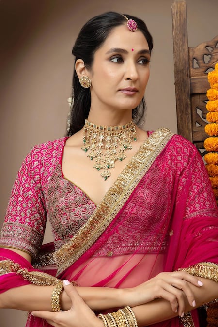 Buy_Monika Mathuria Datta_Pink Cotton, Silk Gota Patti, Embroidery, Sequins, Zari, Blouse Lehenga Set _Online_at_Aza_Fashions