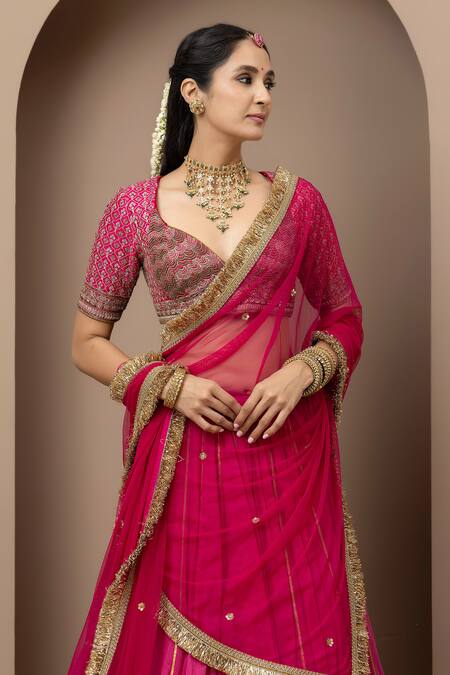 Shop_Monika Mathuria Datta_Pink Cotton, Silk Gota Patti, Embroidery, Sequins, Zari, Blouse Lehenga Set _Online_at_Aza_Fashions