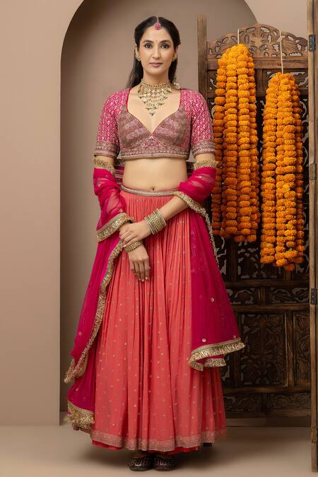 Monika Mathuria Datta_Peach Georgette, Silk, Net Embroidery, Gota Patti Gulab Aangi Lehenga Set _Online_at_Aza_Fashions
