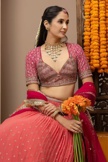 Buy_Monika Mathuria Datta_Peach Georgette, Silk, Net Embroidery, Gota Patti Gulab Aangi Lehenga Set _Online_at_Aza_Fashions