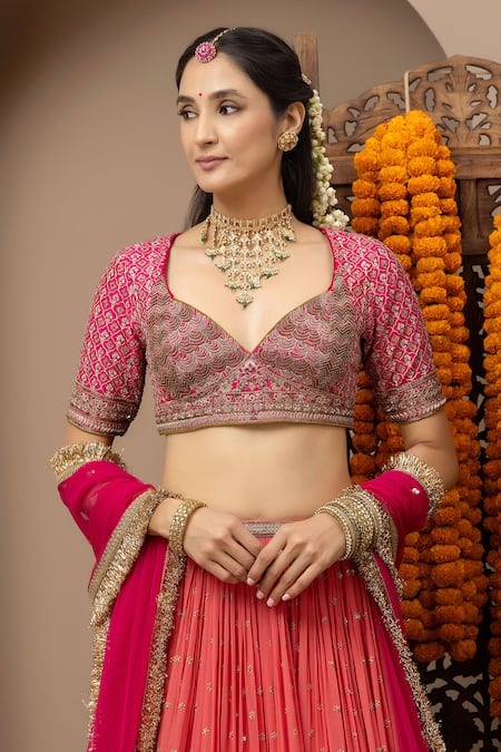 Shop_Monika Mathuria Datta_Peach Georgette, Silk, Net Embroidery, Gota Patti Gulab Aangi Lehenga Set _Online_at_Aza_Fashions