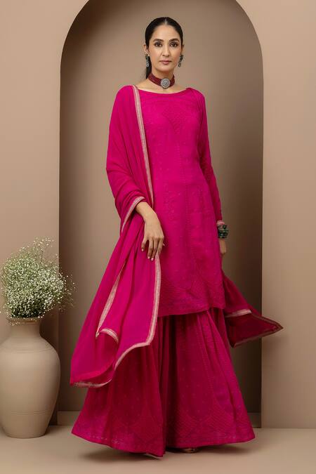 Monika Mathuria Datta Pink Georgette Embroidery Boat Neck, Kurta Sharara Set Online at Aza Fashions Monika Mathuria Datta_Pink Georgette Embroidery Boat Neck, Kurta Sharara Set _Online_at_Aza_Fashions
