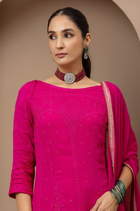 Buy Monika Mathuria Datta Pink Georgette Embroidery Boat Neck, Kurta Sharara Set Online at Aza Fashions Buy_Monika Mathuria Datta_Pink Georgette Embroidery Boat Neck, Kurta Sharara Set _Online_at_Aza_Fashions