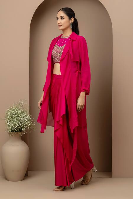 Shop_Monika Mathuria Datta_Pink Dupion, Lycra, Organza Embroidery, Zari Halter Blouse And Dhoti Skirt Set _Online_at_Aza_Fashions