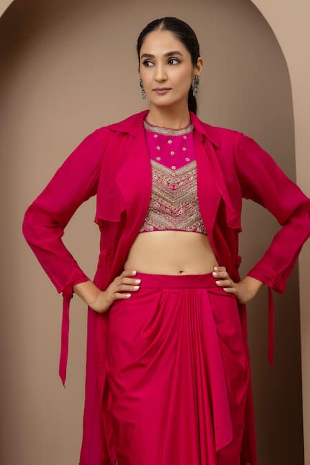 Monika Mathuria Datta_Pink Dupion, Lycra, Organza Embroidery, Zari Halter Blouse And Dhoti Skirt Set _at_Aza_Fashions