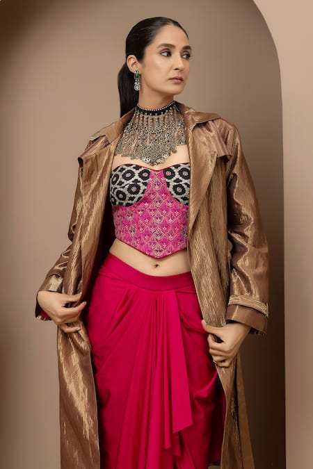 Monika Mathuria Datta_Pink Chanderi, Lycra, Tissue Embroidery Bandeau Aari Corset And Dhoti Skirt Set _Online_at_Aza_Fashions