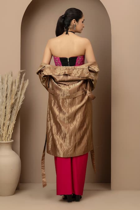 Monika Mathuria Datta_Pink Chanderi, Lycra, Tissue Embroidery Bandeau Aari Corset And Dhoti Skirt Set _at_Aza_Fashions