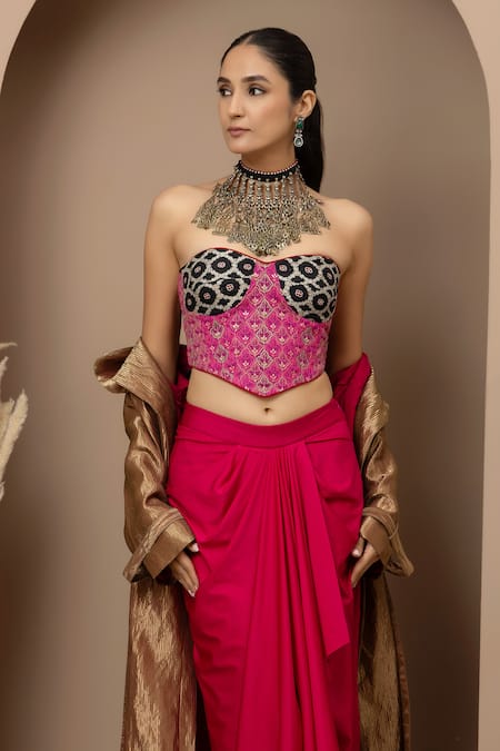 Buy_Monika Mathuria Datta_Pink Chanderi, Lycra, Tissue Embroidery Bandeau Aari Corset And Dhoti Skirt Set 