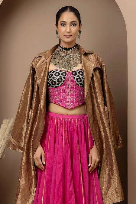 Buy_Monika Mathuria Datta_Pink Cotton, Viscose, Tissue, Chanderi Embroidery, Aari Corset Lehenga Set _Online_at_Aza_Fashions