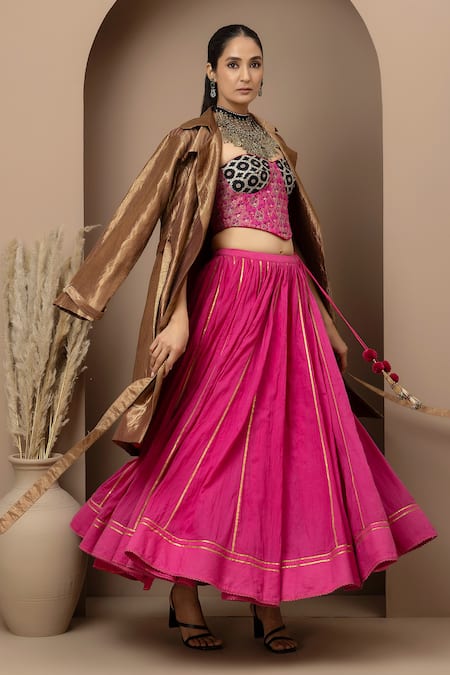 Shop_Monika Mathuria Datta_Pink Cotton, Viscose, Tissue, Chanderi Embroidery, Aari Corset Lehenga Set _Online_at_Aza_Fashions