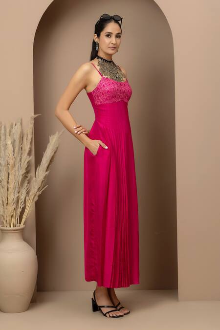 Monika Mathuria Datta_Pink Dupion, Viscose, Tissue Embroidery Collared Aari Dress And Jacket Set _Online_at_Aza_Fashions