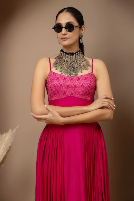 Buy_Monika Mathuria Datta_Pink Dupion, Viscose, Tissue Embroidery Collared Aari Dress And Jacket Set _Online_at_Aza_Fashions