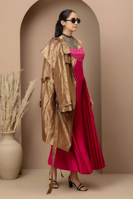 Shop_Monika Mathuria Datta_Pink Dupion, Viscose, Tissue Embroidery Collared Aari Dress And Jacket Set _Online_at_Aza_Fashions