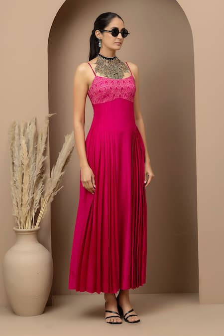 Monika Mathuria Datta_Pink Dupion, Viscose, Tissue Embroidery Collared Aari Dress And Jacket Set _at_Aza_Fashions