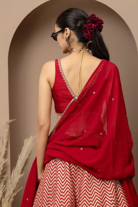 Buy Monika Mathuria Datta Maroon Dupion, Brocade, Silk, Georgette Zari, Chevron Pattern Lehenga Set Online at Aza Fashions Buy_Monika Mathuria Datta_Maroon Dupion, Brocade, Silk, Georgette Zari, Chevron Pattern Lehenga Set _Online_at_Aza_Fashions
