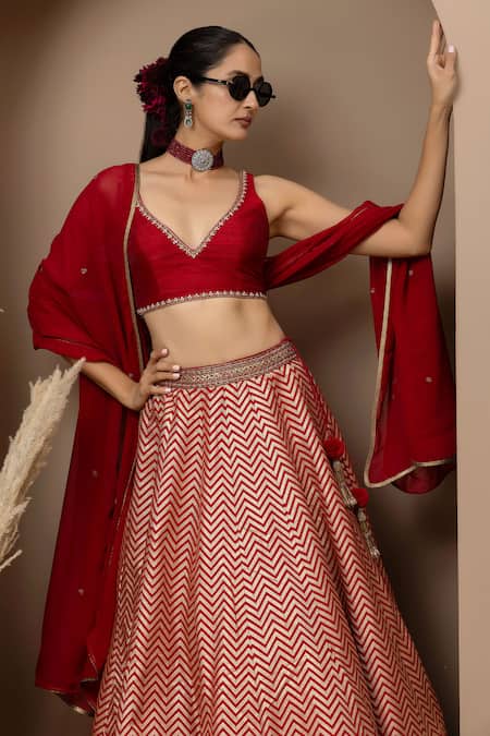 Shop Monika Mathuria Datta Maroon Dupion, Brocade, Silk, Georgette Zari, Chevron Pattern Lehenga Set Online at Aza Fashions Shop_Monika Mathuria Datta_Maroon Dupion, Brocade, Silk, Georgette Zari, Chevron Pattern Lehenga Set _Online_at_Aza_Fashions