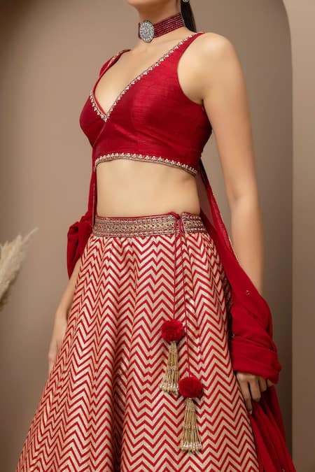 Monika Mathuria Datta Maroon Dupion, Brocade, Silk, Georgette Zari, Chevron Pattern Lehenga Set at Aza Fashions Monika Mathuria Datta_Maroon Dupion, Brocade, Silk, Georgette Zari, Chevron Pattern Lehenga Set _at_Aza_Fashions