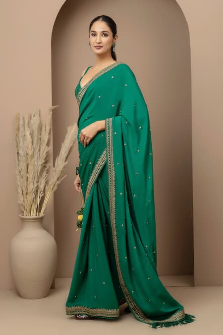 Monika Mathuria Datta Emerald Green Crepe, Dupion Embroidery, Stones, Saree With Tailored Blouse Online at Aza Fashions Monika Mathuria Datta_Emerald Green Crepe, Dupion Embroidery, Stones, Saree With Tailored Blouse _Online_at_Aza_Fashions