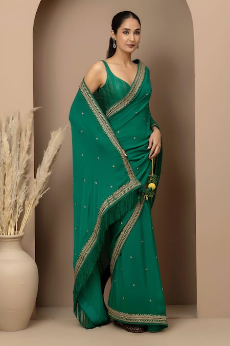 Buy Monika Mathuria Datta Emerald Green Crepe, Dupion Embroidery, Stones, Saree With Tailored Blouse Online at Aza Fashions Buy_Monika Mathuria Datta_Emerald Green Crepe, Dupion Embroidery, Stones, Saree With Tailored Blouse _Online_at_Aza_Fashions