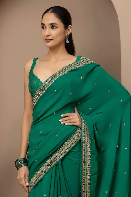 Shop Monika Mathuria Datta Emerald Green Crepe, Dupion Embroidery, Stones, Saree With Tailored Blouse Online at Aza Fashions Shop_Monika Mathuria Datta_Emerald Green Crepe, Dupion Embroidery, Stones, Saree With Tailored Blouse _Online_at_Aza_Fashions