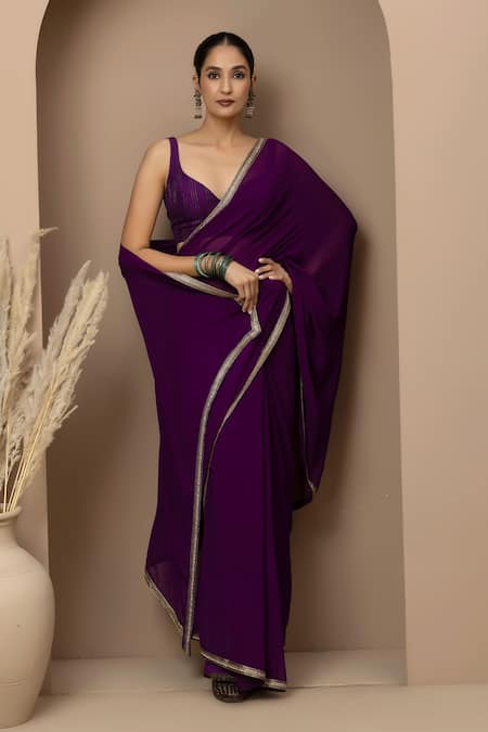 Monika Mathuria Datta Purple Georgette, Dupion Sweetheart Neck Dupka Saree And Tailored Blouse Online at Aza Fashions Monika Mathuria Datta_Purple Georgette, Dupion Sweetheart Neck Dupka Saree And Tailored Blouse _Online_at_Aza_Fashions