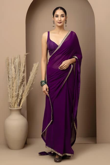 Monika Mathuria Datta Purple Georgette, Dupion Sweetheart Neck Dupka Saree And Tailored Blouse at Aza Fashions Monika Mathuria Datta_Purple Georgette, Dupion Sweetheart Neck Dupka Saree And Tailored Blouse _at_Aza_Fashions