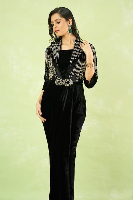 Shop_Samyukta Singhania_Black Velvet Embroidery, Buckles Square Neck Hand Gown With Belt _Online_at_Aza_Fashions
