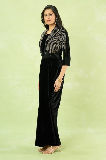 Samyukta Singhania_Black Velvet Embroidery, Buckles Square Neck Hand Gown With Belt _at_Aza_Fashions