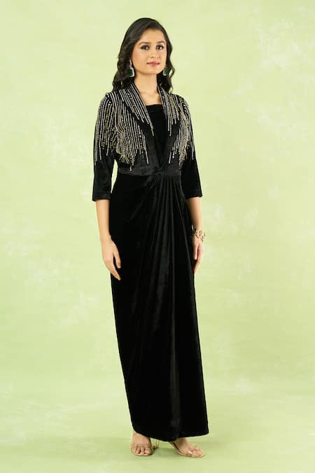 Shop_Samyukta Singhania_Black Velvet Embroidery, Buckles Square Neck Hand Gown With Belt 