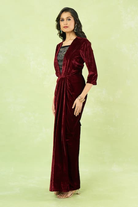 Buy_Samyukta Singhania_Maroon Velvet Embroidery, Rhinestones V-neck Hand Gown With Belt _Online_at_Aza_Fashions